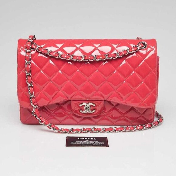 Chanel Pink Quilted Patent Leather Classic Jumbo Double Flap Bag - Picture 1 of 12